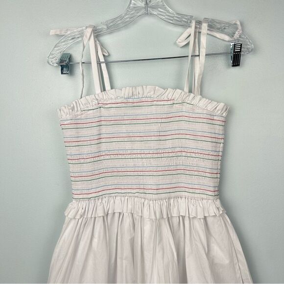 English Factory Smocked White Rainbow Midi Dress W/Pockets Adjustable Ties Sz M - Picture 6 of 16